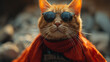awesome cat with red scarf with sunglasses. portrait of a serious cat in sunglasses.. 