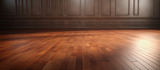 Poster - An empty room with a hardwood floor stained in a rich amber brown, contrasting against the dark wall. The laminate flooring adds a touch of elegance to the space