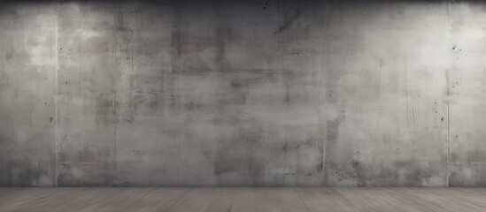 Wall Mural - An empty room with a concrete wall and wooden floor, featuring grey tints and shades, a monochrome photography vibe with a symmetrical design and rectangular patterns