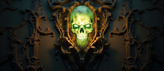 Canvas Print - A symmetrical green skull, with a bright blue jawbone, displayed in a golden frame against a dark background. This artistic piece combines darkness, fiction, and visual arts in an intriguing way