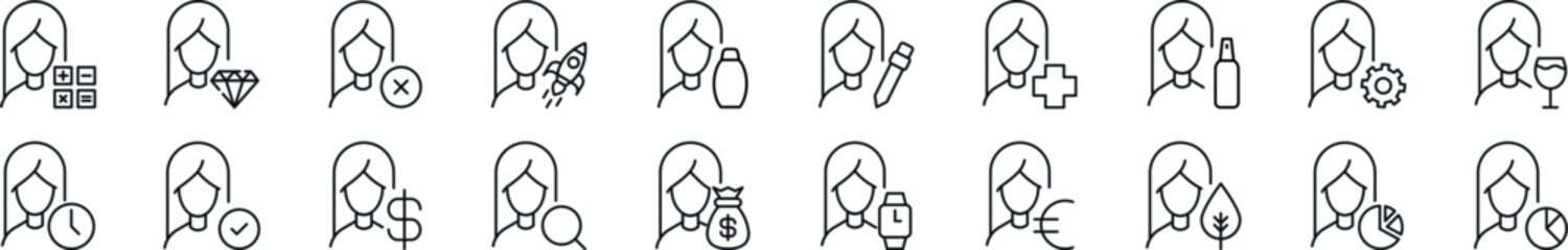 Wall Mural - collection of thin line icons of female user by items. editable stroke. simple linear illustration f