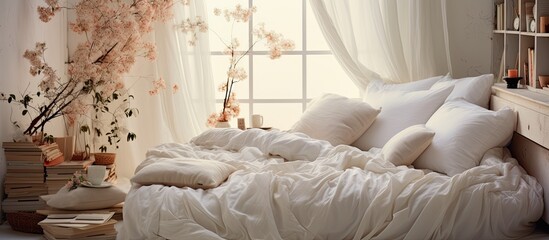 Poster - A wooden bed with white linens and pillows on hardwood flooring in a bedroom next to a window, providing comfort and a cozy atmosphere