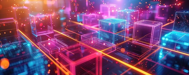 Canvas Print - illustration of geometric shapes and structures in colorful neon colors and lights in cyberspace against dark background