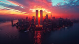 Fototapeta  - Illustration of New York City skyline with Twin Towers at night, cinematic color of World Trade Center named as Twin Towers, destroyed in September 11, 2001.