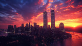 Fototapeta  - Illustration of New York City skyline with Twin Towers at night, cinematic color of World Trade Center named as Twin Towers, destroyed in September 11, 2001.