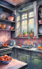 Wall Mural - watercolor illustration, vintage cozy kitchen image, smartphone wallpaper, printable painting,