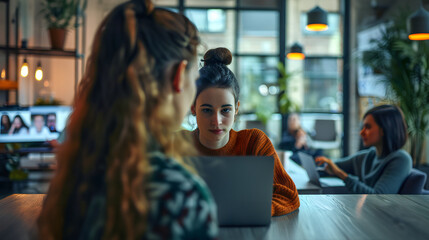 Canvas Print - a young woman sitting in front of a laptop. on the screen, faces of people in a business meeting. They talk about important things, but they are calm, relaxed.