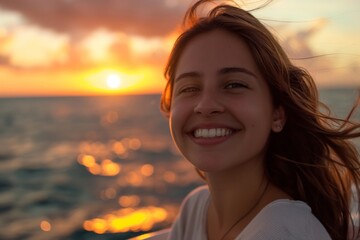 Wall Mural - Young smiling woman with sea backdrop during a beautiful sunset