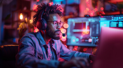 Poster - Man Sitting at Computer With Headphones