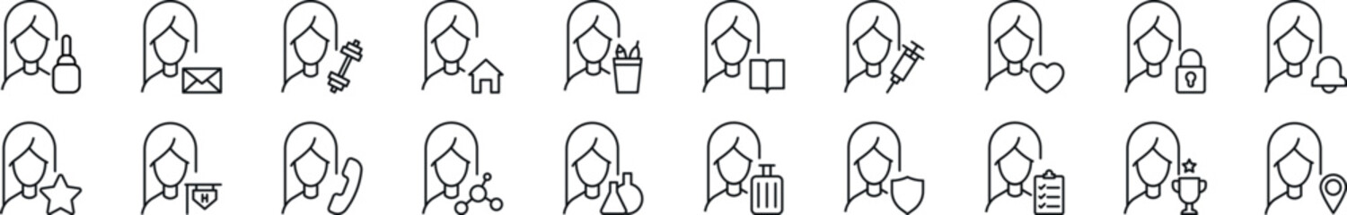 Wall Mural - bundle of linear symbols of female user by items. editable stroke. linear symbol for web sites, news
