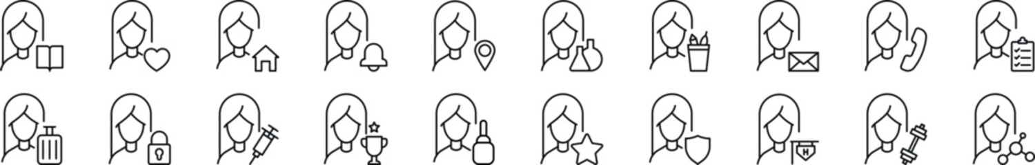 Wall Mural - pack of line icons of female user by items. editable stroke. simple outline sign for web sites, news