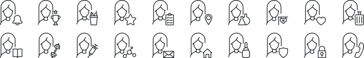 Wall Mural - collection of outline symbol of female user by items. editable stroke. simple linear illustration fo