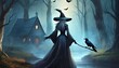 halloween scene witch with raven