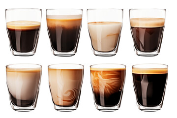 Set of realistic coffee cup PNG - cups of hot aromatic espresso coffee on white and transparent background - coffee shop drinks advertising concept - coffee shop banner