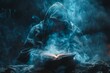 An enigmatic person shrouded in a hood absorbed in reading a book among mystical swirling blue smoke