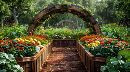 Sticker - Garden filled with lots of flowers and lots of greenery under wooden arch.