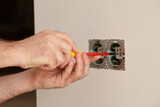 Fototapeta  - Man installing electrical outlet on the wall with a screwdriver