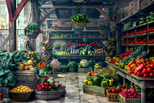 Painting Of Farmers Market Filled With Lots Of Fresh Fruits And Vegetables.