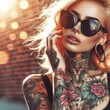 Portrait of a beautiful woman with blonde hair and many tattoos wearing sunglasses