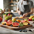 cutting fruit isolated on table on blurred kitchen background