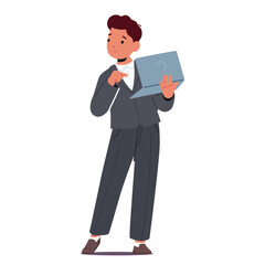 Poster - Kid Future Profession Concept. Boy Businessman Holding Laptop. Little Child Character In Formal Suit Managing Business