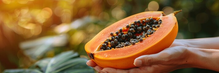 Wall Mural - Hand holding ripe papaya with selection of fresh papayas on blurred background with copy space