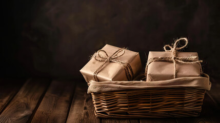 Wall Mural - basket full of gifts from craft paper tied with a rope on wooden table against dark brown background with copy space. gratitude and appreciation concept.