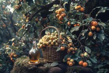 Wall Mural - Apricots and bottle of oil in basket