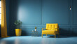 A bright yellow armchr is situated in a blue room that is unoccupied and has a blue floor. the minimalist idea. a mockup 