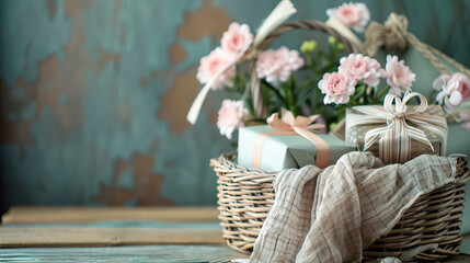 Wall Mural - weave wicker basket full of vintage handmade gift boxes, cloth and pink flowers on wooden table against grunge light blue background with copy space for valentine's Day, women's Day, mother's day. 