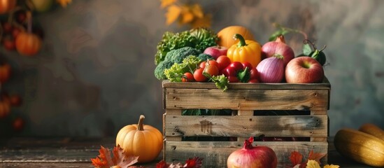 Wall Mural - A wooden crate filled with a variety of fruits and vegetables, showcasing the beauty of natural foods and local produce on the table