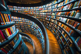 Fototapeta Łazienka - A circular library where the bookshelves are arranged in a spiral pattern