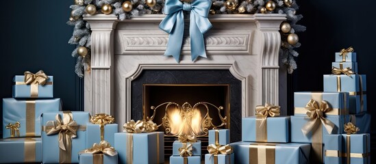 Canvas Print - The medieval architecture of the building is adorned with a sculpture of a fireplace, decorated for Christmas with blue and gold gifts