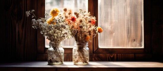 Wall Mural - Two vases filled with flowers are placed on a window sill in the buildings interior design, adding a touch of nature to the house