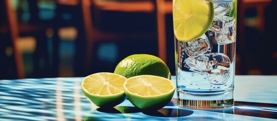 Poster - A glass of liquid with ice cubes and slices of Rangpur limes, a yellow citrus fruit, sitting on a table. The refreshing drink is made from natural ingredients