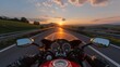 Motorcyclist s point of view  speeding on highway at sunset, thrilling motorcycle ride