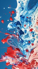 Poster - mix of red white blue color paints with blended drops on fluid while forming abstract patterns against blue background