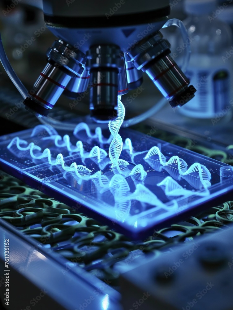 Science Lab Strands Biotech lab with neon blue DNA strands, illustrating genetic ...