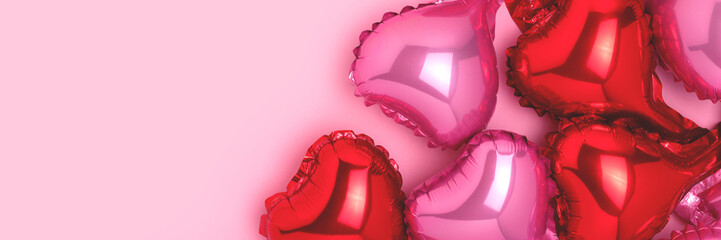 Wall Mural - Banner with red and pink inflatable balloons in a heart shape. Festive composition.