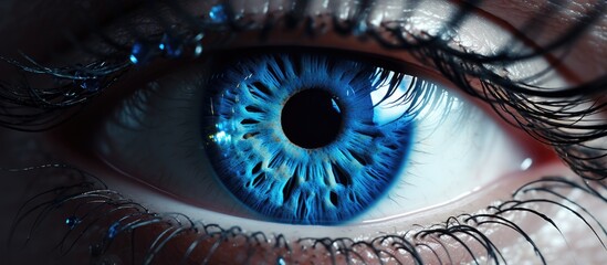 Poster - Macro photography capturing the intricate pattern of long electric blue eyelashes surrounding the dark iris of a terrestrial animals eye, creating an artistic and fashionable accessory