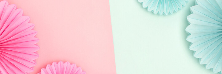 Wall Mural - Banner with frame made of tissue paper fans in a pink and blue colors. Gender reveal party concept.