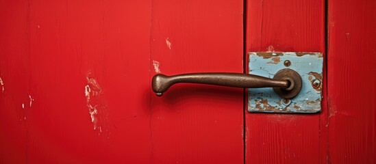 A closeup of a red door handle, made of metal and attached to a wooden door. The fixture includes a deadbolt lock, a crucial household hardware