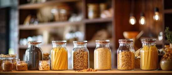 Wall Mural - A variety of pasta types are stored in jars on the shelf for easy access when cooking delicious recipes