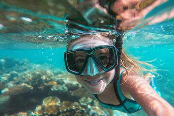 Wall Mural - Close-up of a smiling young woman snorkeling among tropical fish over a coral reef