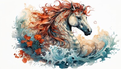 Sticker -  a watercolor painting of a horse with red manes running through a body of water on a white background.