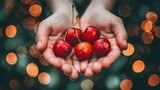 Hand holding fresh sweet cherries with selection on blurred background, ideal for text placement