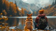 someone enjoying a lake view with their dog. pet loyalty concept. with generative ai