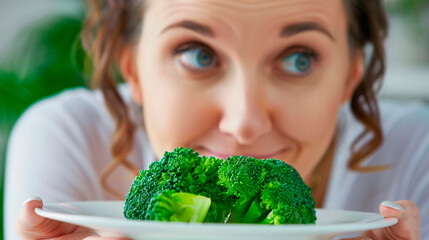 Wall Mural - A woman looks at a plate of broccoli diet. Selective focus.