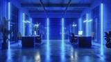 Fototapeta  - In a tech startup office, minimalistic furniture and blue neon lighting inspire creativity.