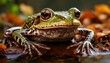  a close up of a frog sitting on top of a body of water with leaves on the ground in front of it.
